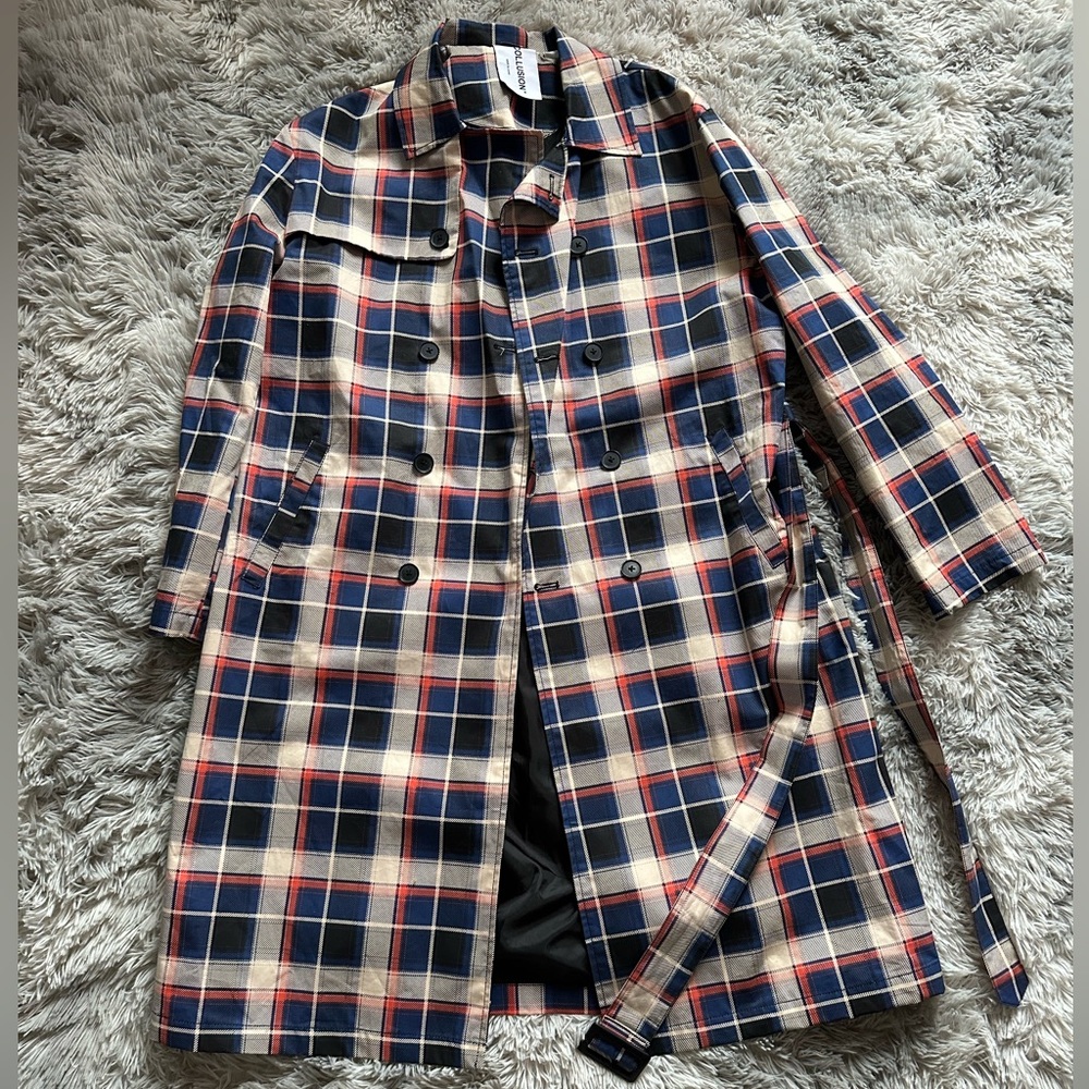 Tan, black, blue, red ASOS Trench coat worn once